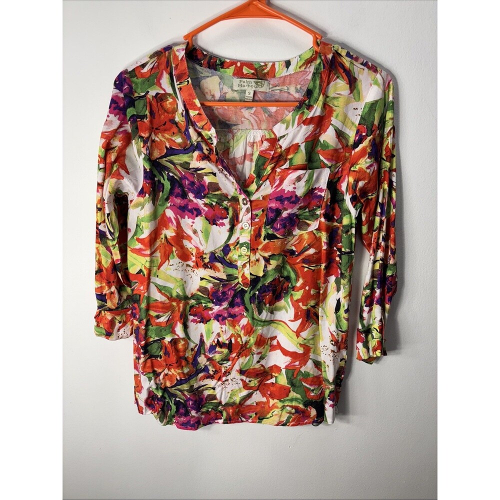 Palm Harbour Women's Multicolor Floral 3/4 Sleeve Sz S 100% Rayon